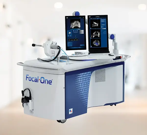 Focal One HIFU machine used by Dr. Wei Phin Tan at NYU Langone — dual-screen workstation with ultrasound probe for prostate focal therapy