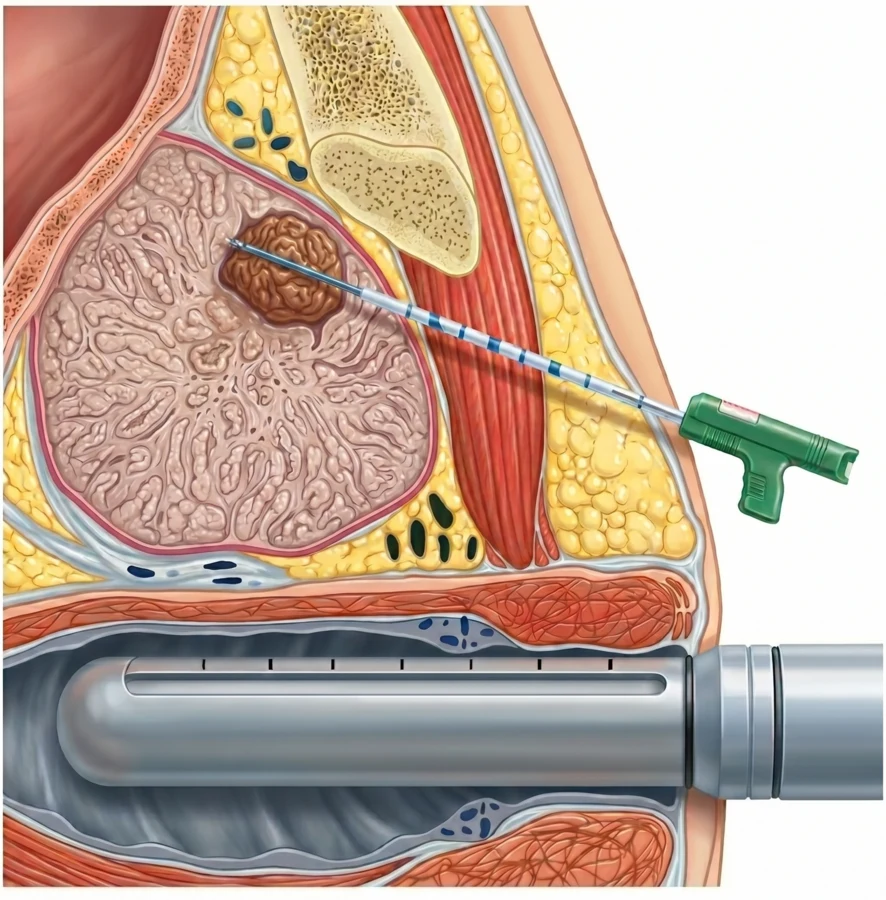 Anatomical cross-section illustration of transperineal prostate biopsy. Biopsy needle enters through the perineum and is directed under MRI/ultrasound fusion guidance to a suspicious lesion in the prostate. The transrectal ultrasound probe is in the rectum below the prostate. The rectal wall is not pierced, sharply reducing infection risk.